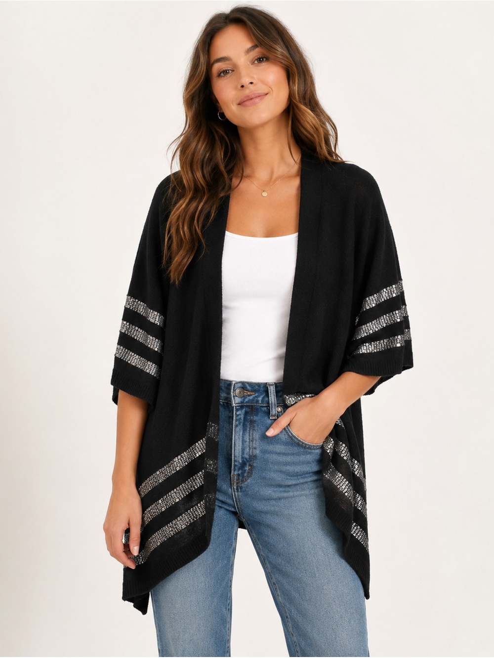 Theory Black Blend Wool Open-Front Knit Cropped Sleeve Cardigan Sweater Sz. L